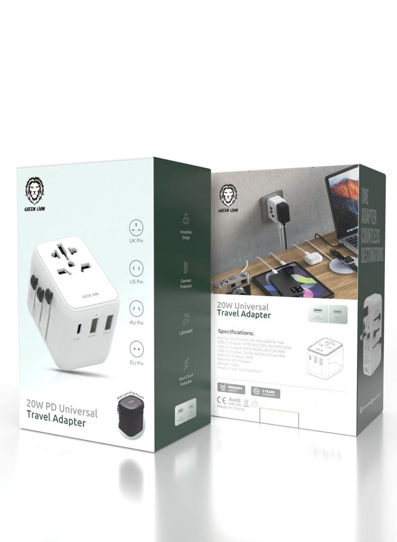 GREEN LION 20W PD Universal Travel Adapter / Short Circuit Protection /UK Pin, AU Pin ,EU Pin ,US Pin / Overheat Protection - White - Image 4