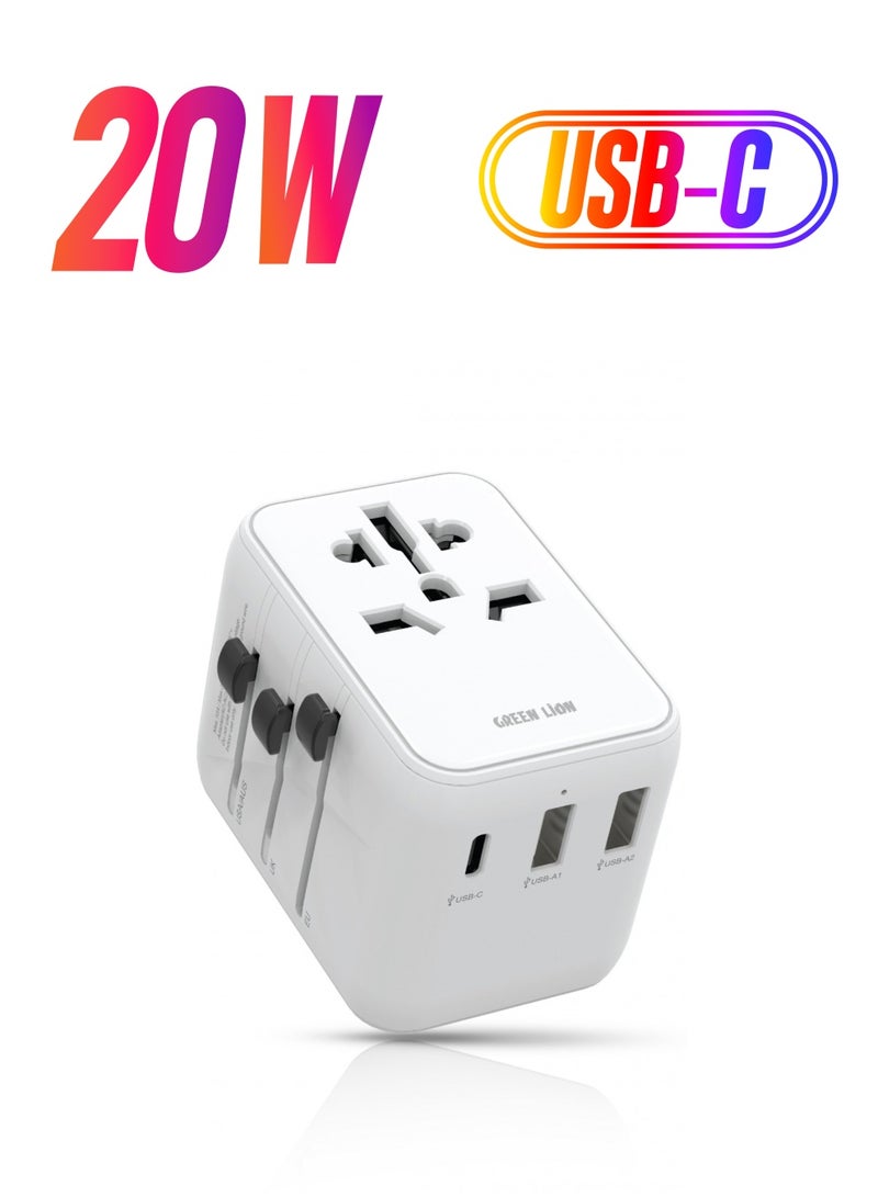 GREEN LION 20W PD Universal Travel Adapter / Short Circuit Protection /UK Pin, AU Pin ,EU Pin ,US Pin / Overheat Protection - White - Image 1