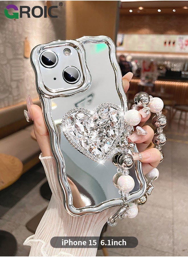 GROIC - Compatible with iPhone 15 Case,Mirror Wave Senior Silver Cute Phone Cover with 3D Love Heart Stand,Lens Protection Protector Shockproof Phone Shell for iPhone 15 6.1 Inch - Image 1