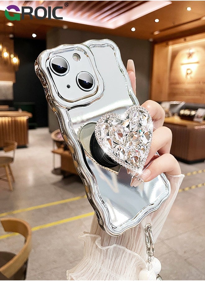 GROIC - Compatible with iPhone 15 Case,Mirror Wave Senior Silver Cute Phone Cover with 3D Love Heart Stand,Lens Protection Protector Shockproof Phone Shell for iPhone 15 6.1 Inch - Image 1