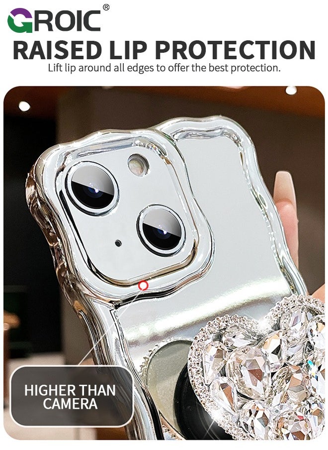 GROIC - Compatible with iPhone 15 Case,Mirror Wave Senior Silver Cute Phone Cover with 3D Love Heart Stand,Lens Protection Protector Shockproof Phone Shell for iPhone 15 6.1 Inch - Image 1