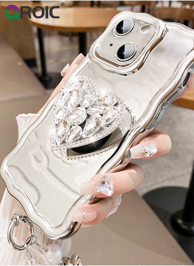 GROIC - Compatible with iPhone 15 Case,Mirror Wave Senior Silver Cute Phone Cover with 3D Love Heart Stand,Lens Protection Protector Shockproof Phone Shell for iPhone 15 6.1 Inch - Image 1