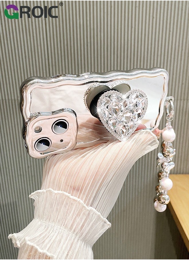 GROIC - Compatible with iPhone 15 Case,Mirror Wave Senior Silver Cute Phone Cover with 3D Love Heart Stand,Lens Protection Protector Shockproof Phone Shell for iPhone 15 6.1 Inch - Image 1