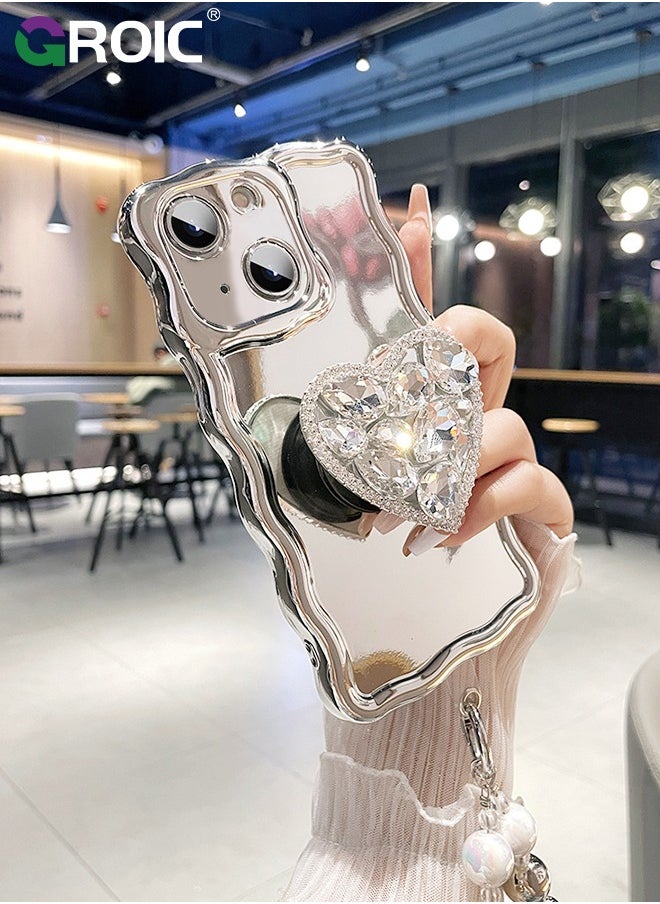 GROIC - Compatible with iPhone 15 Case,Mirror Wave Senior Silver Cute Phone Cover with 3D Love Heart Stand,Lens Protection Protector Shockproof Phone Shell for iPhone 15 6.1 Inch - Image 1