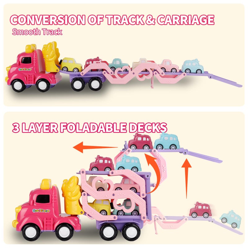 Sciencow Toddler Girls Cars for 1 2 3 4 5 Year Old,7-in-1 Pink Princess Foldable Transport Carrier Trucks with Lights and Music,Birthday Presents for 1-3 3-5 Yrs Old Babys - Image 3