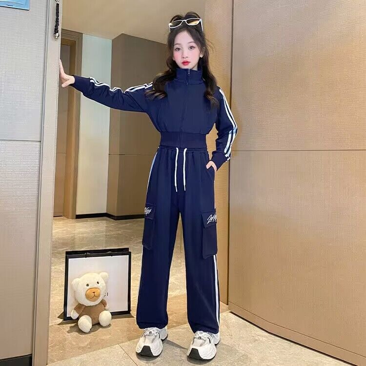Girls suit Spring and Autumn Clothes Internet Popular Fashionable Street Clothes Childrens Clothes Baby Girls Autumn Sports Casual Cover Pants Navy blue