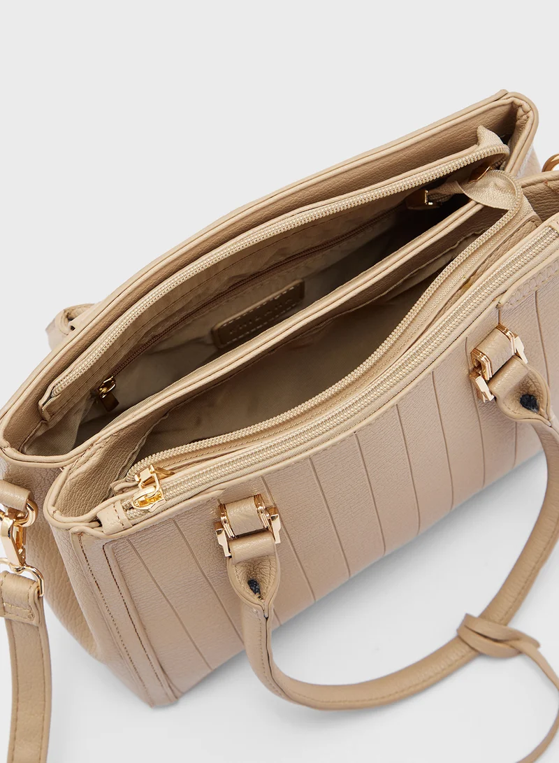 Khizana Textured Stripe Satchel Bag with Fob
