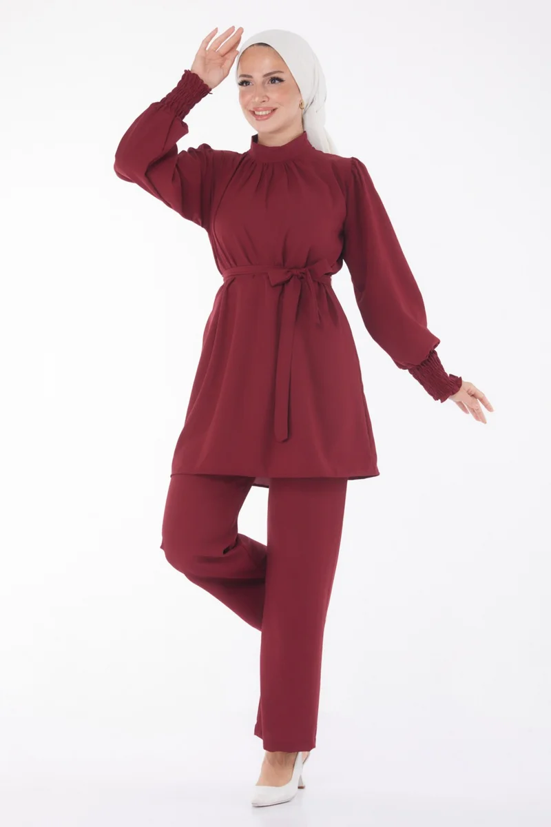Tofisa Plain Judge Collar Women's Burgundy Tunic + Trousers - 13019