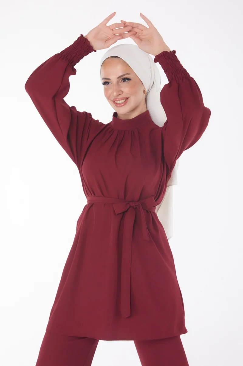 Tofisa Plain Judge Collar Women's Burgundy Tunic + Trousers - 13019