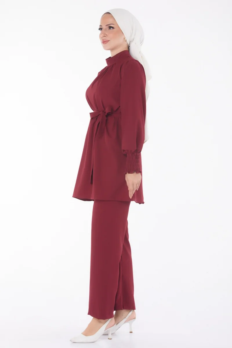 Tofisa Plain Judge Collar Women's Burgundy Tunic + Trousers - 13019