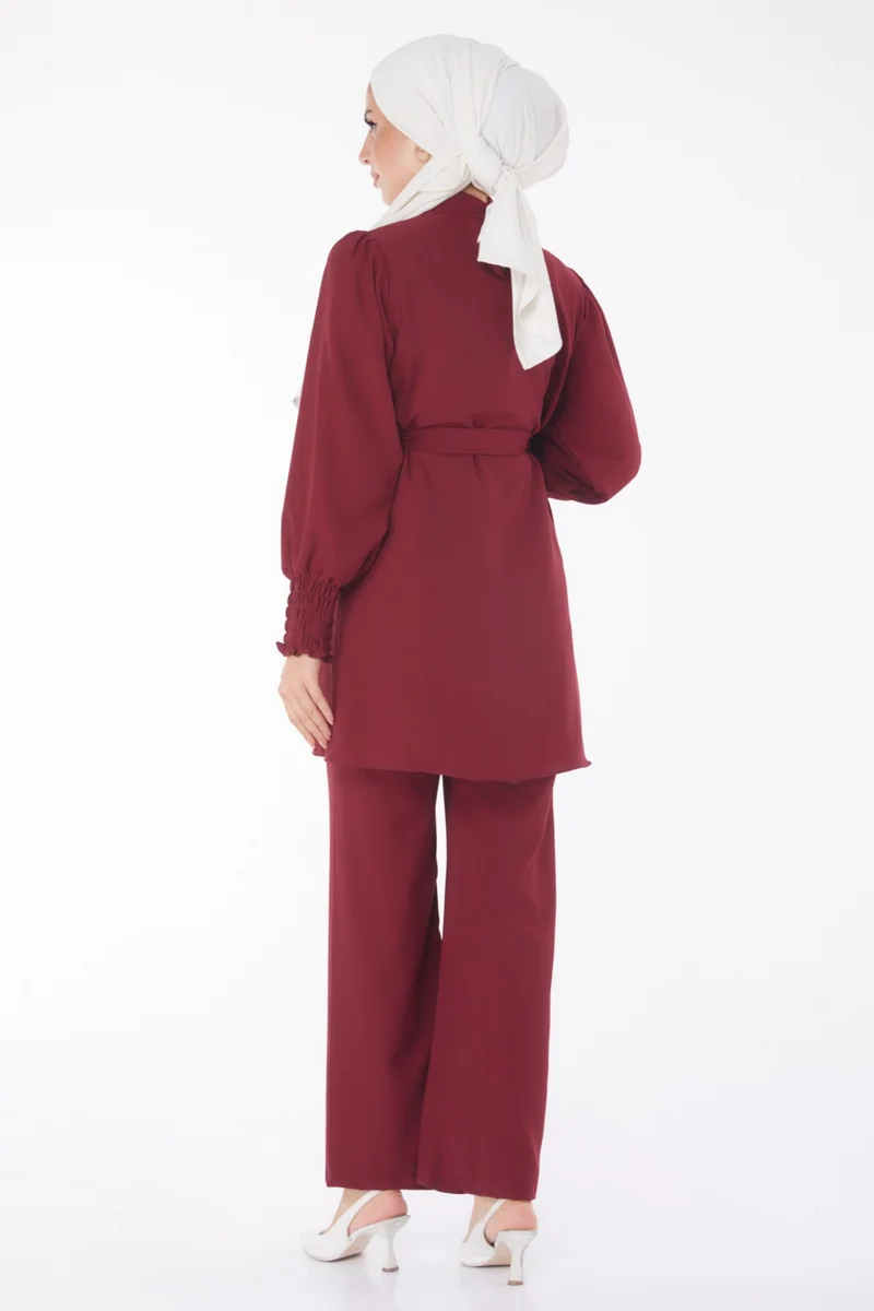 Tofisa Plain Judge Collar Women's Burgundy Tunic + Trousers - 13019