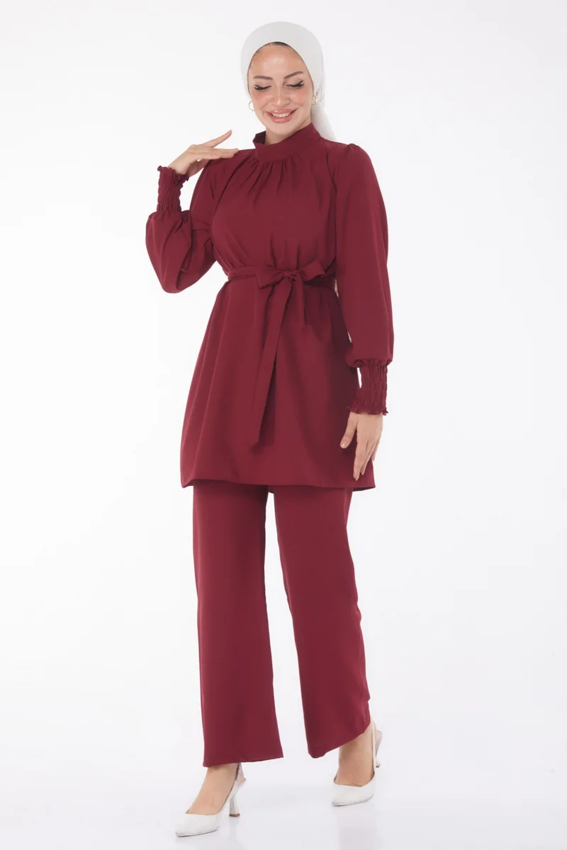 Tofisa Plain Judge Collar Women's Burgundy Tunic + Trousers - 13019