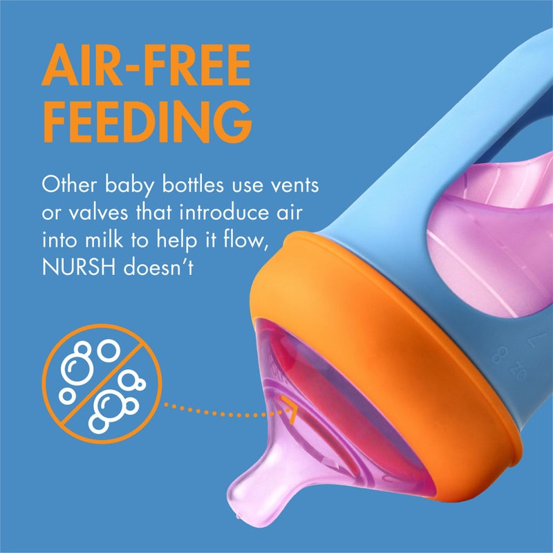Boon Nursh Reusable Silicone Pouch Baby Bottles - Medium Flow Nipple - Silicone Baby Bottle Pouch and Nipple - Baby Feeding Essentials - Color Block - 3-6 Months - 3 Count - 8 Ounce - Image 3