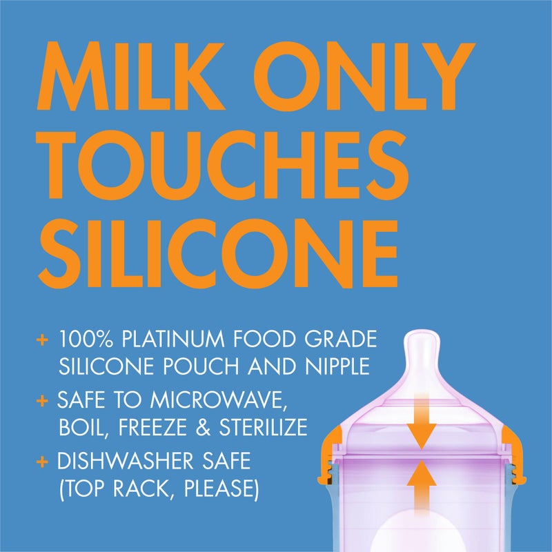 Boon Nursh Reusable Silicone Pouch Baby Bottles - Medium Flow Nipple - Silicone Baby Bottle Pouch and Nipple - Baby Feeding Essentials - Color Block - 3-6 Months - 3 Count - 8 Ounce - Image 4