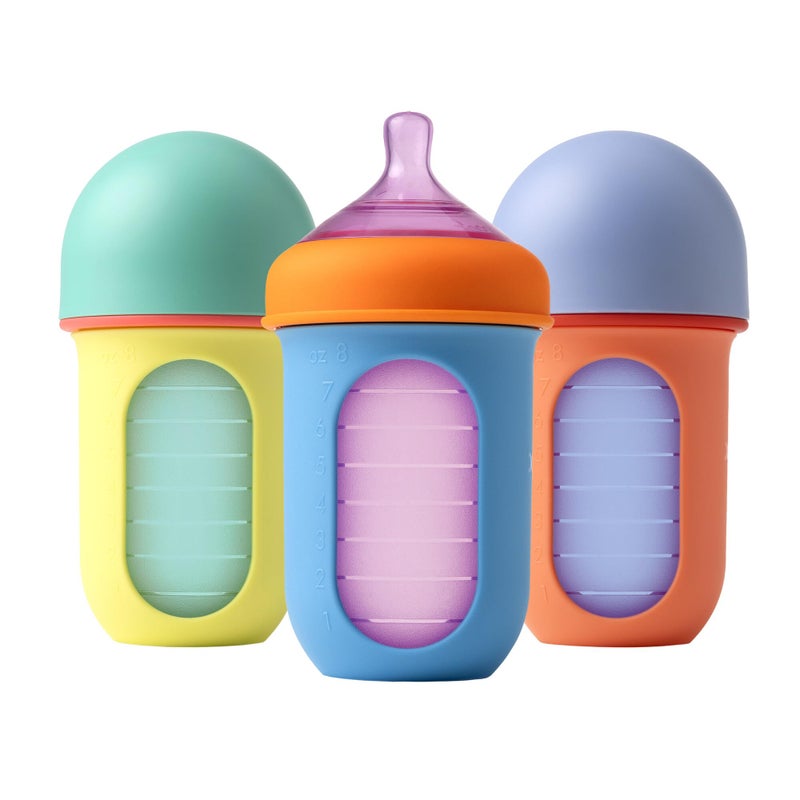 Boon Nursh Reusable Silicone Pouch Baby Bottles - Medium Flow Nipple - Silicone Baby Bottle Pouch and Nipple - Baby Feeding Essentials - Color Block - 3-6 Months - 3 Count - 8 Ounce - Image 1