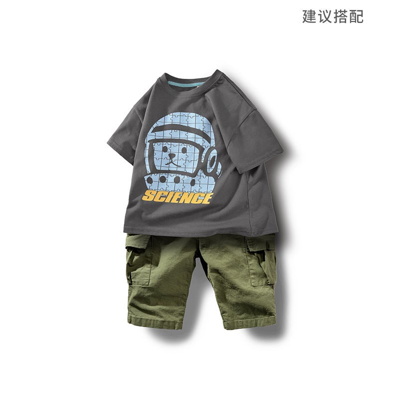 Children's Wear Big Children's Cotton T-shirt 2022 Summer New Boys Short-sleeved T-shirt Cotton Neutral Loose Shoulder Shoulder Children - Image 3