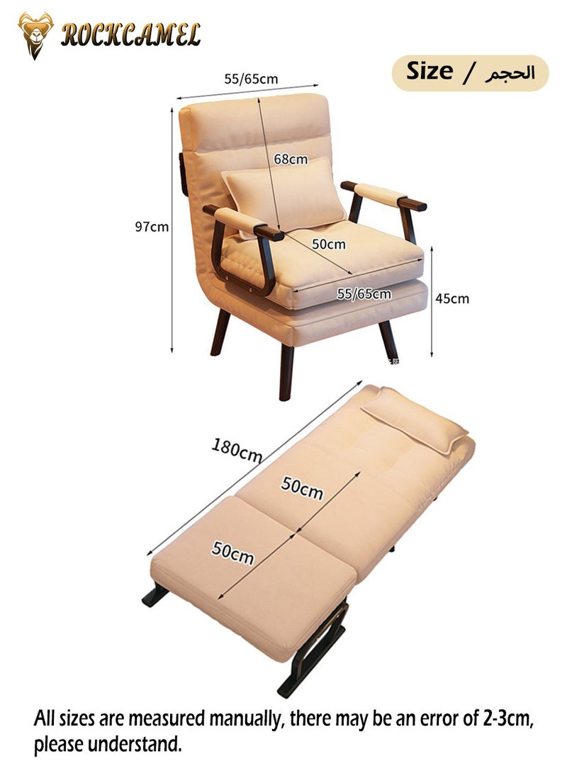 3 In 1 Folding Sofa Chair With 5-Level Adjustment, Convertible Sofa bed and Leisure Recliner, Skin-Friendly Cat Paw Leather, Suitable For Home And Office, With Pillow, Can Lie Down, Sit Or Sleep, Multifunctional Backrest Sofa Seat 65cm Wide