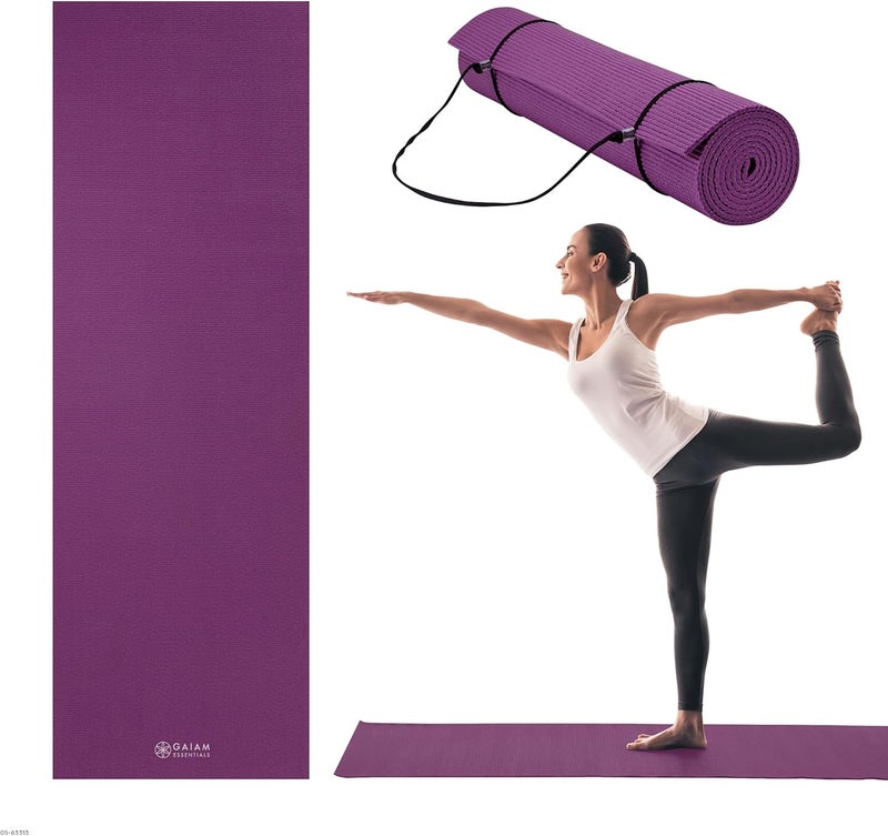 Gaiam Essentials 1/4" Thin (6mm) Yoga & Pilates, Fitness & Exercise Mat with Easy-Cinch Carrier Strap Cusion Support For Fitness and Gym Workouts - Image 1
