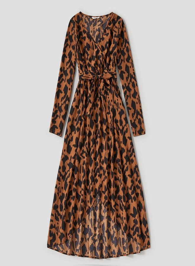 AWIBMK Mommy and Me Matching Dresses Floral Printed Split Ruffled Boho A-Line Long Dress V Neck and Round Neck Long Sleeve Casual Fall Winter Mom Daughter Matching Outfits Brown Leopard 6-7 Years - Image 3