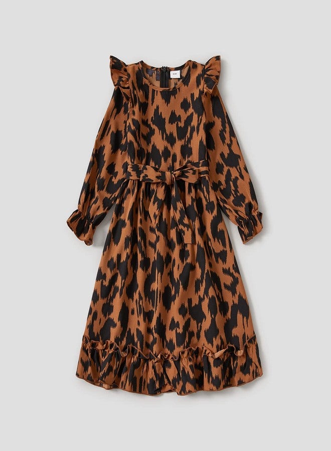 AWIBMK Mommy and Me Matching Dresses Floral Printed Split Ruffled Boho A-Line Long Dress V Neck and Round Neck Long Sleeve Casual Fall Winter Mom Daughter Matching Outfits Brown Leopard 6-7 Years - Image 4