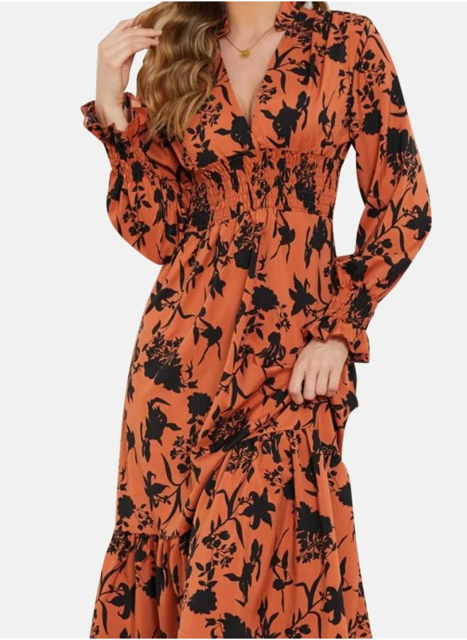 YUNIQEE Orange & Black Floral Print Fit & Flare Midi Dress