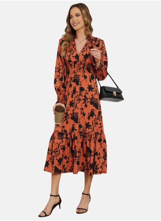 YUNIQEE Orange & Black Floral Print Fit & Flare Midi Dress