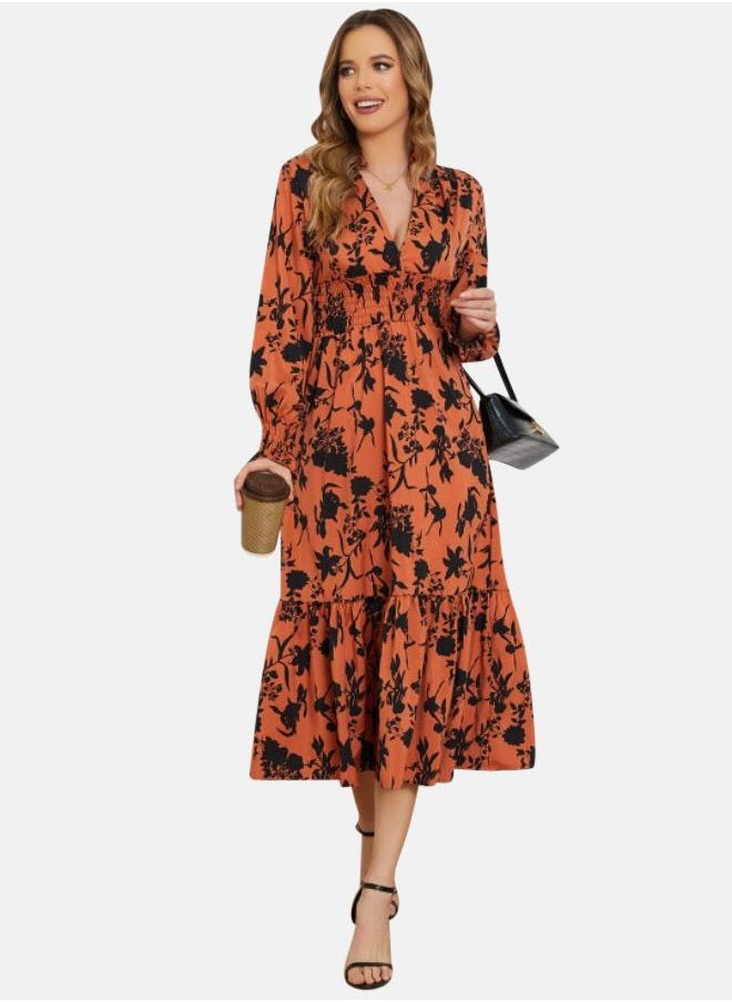 Orange & Black Floral Print Fit & Flare Midi Dress - pzsku/ZF0C1954BBEFF1EDAE424Z/45/_/1731407866/1f117f7a-66e1-4e24-a65c-46028fdcd684