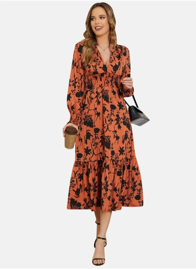 YUNIQEE Orange & Black Floral Print Fit & Flare Midi Dress
