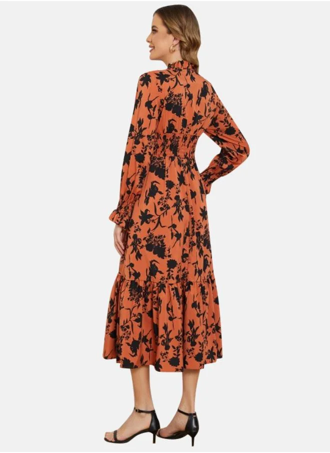 YUNIQEE Orange & Black Floral Print Fit & Flare Midi Dress