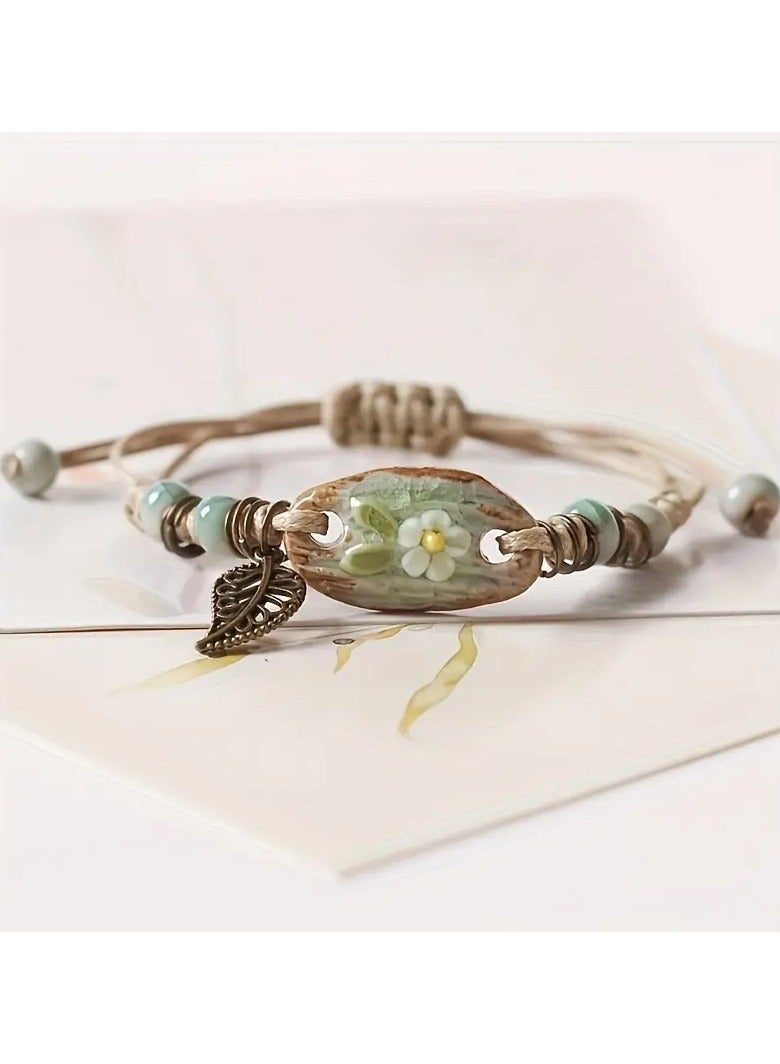 Goolsky Vintage Style Leaf Pendant Braided Bracelet Elegant Handmade Hand Bracelet Adjustable - Image 3