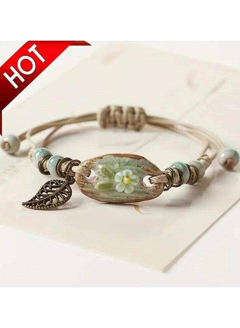 Goolsky Vintage Style Leaf Pendant Braided Bracelet Elegant Handmade Hand Bracelet Adjustable - Image 5