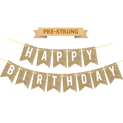 Netnology PreStrung Gold Happy Birthday Banner Decorations12 ft No DIY Gold Glitter Birthday Party Banner Sign Decor for Women Men Girl Boy Party Supplies - Image 1