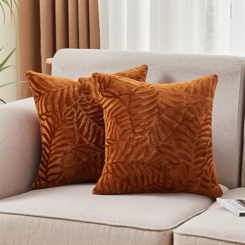 SOCHOW Fall Decorative Throw Pillow Covers 20x20 Inches Set of 2 Soft Leaves Textured Flannel Fleece Pillowcase Square Cushion Covers for Sofa Couch Bed Caramel
