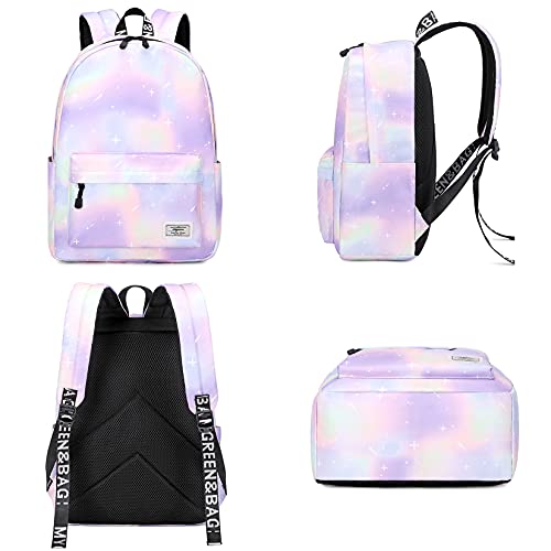 mygreen Tie Dye Girls Backpack, Kid Backpacks for Girls Cute Lightweight Bookbag with Lunch Bag Galaxy Green Purple - Image 2
