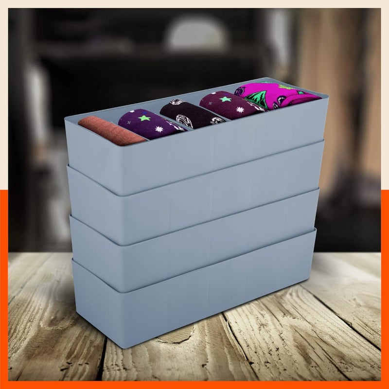 Bathla منظمات الأدراج (مجموعة من 4) - 5 شبكات لون رمادي متعدد الاستخدامات لفواصل تخزين الخزائن | منظمات خزانة قابلة للتكديس للجوارب، الملابس الداخلية، الرباط، المجوهرات والقرطاسية | صندوق تخزين بلاستيكي - Image 1