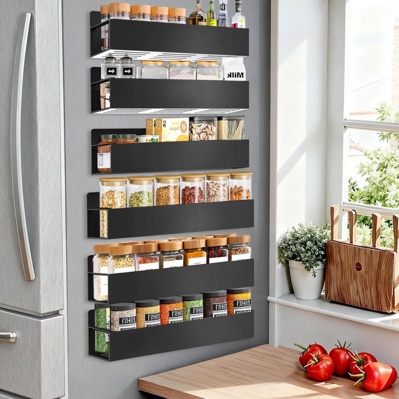 SMRCAD Magnetic Spice Rack Organizer for Fridge Seasoning Organizer for Kitchen storage with Screw Magnetic Shelf with Hook for Refrigerator and Oven (6pack-Black) - Image 1