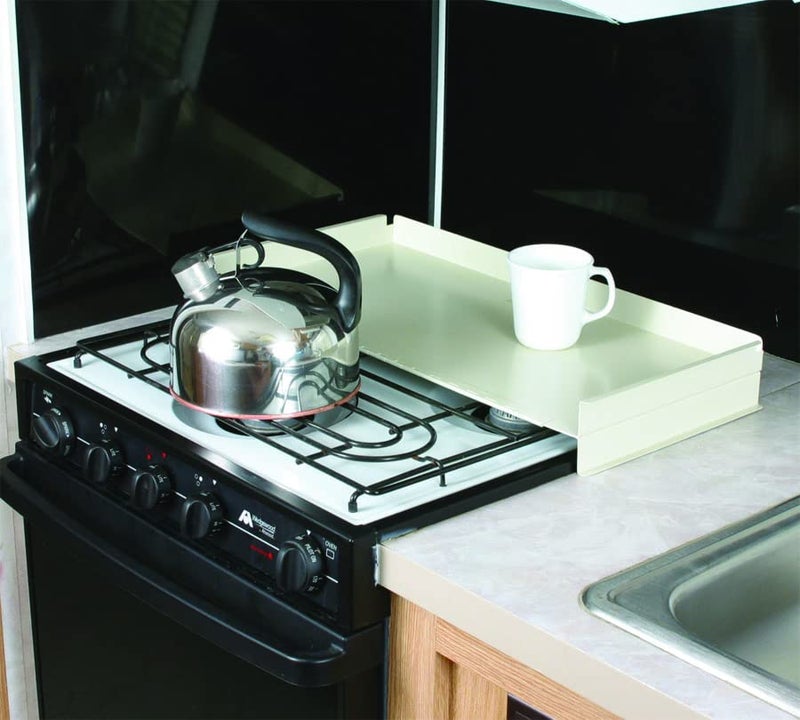 Camco Camper/RV Stove Top Cover | Features Hinged Design for Easy Access to Front Burners & Fits Most 3 or 4 Burner RV/Boat Stoves | Crafted of 20-Gauge Steel w/Powder-Coated Finish | White (43557) - Image 2