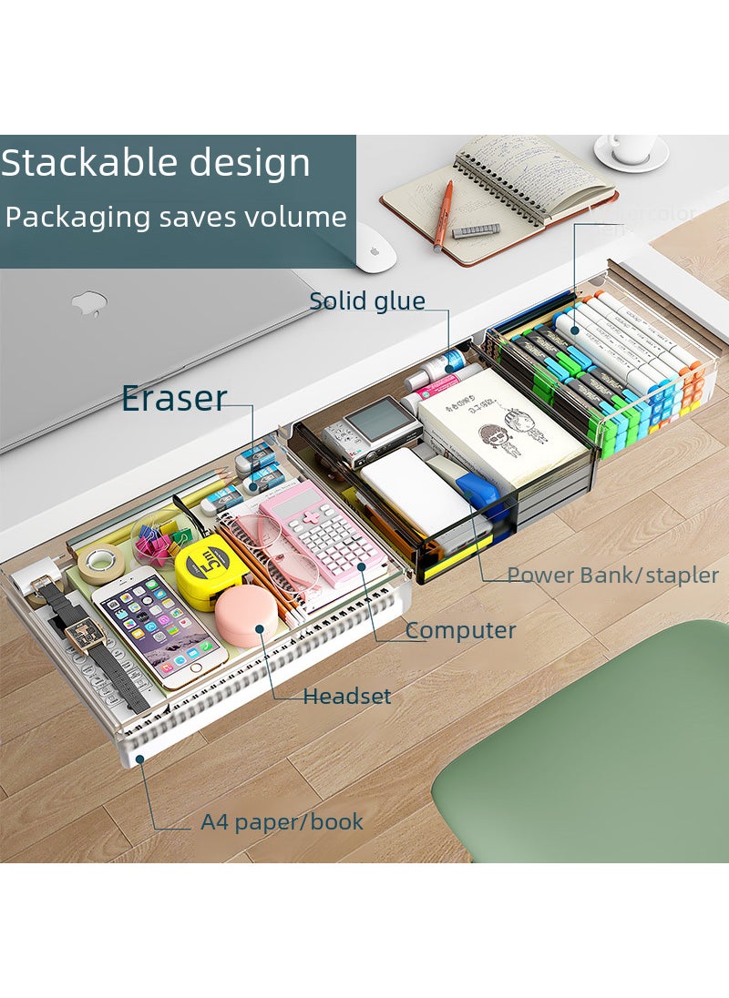 Generic - Punch-free drawer storage box under table bookshelf computer desk hidden storage rack plastic table drawer Combination [Transparent Black A + B + C] Flat PET material - Image 1