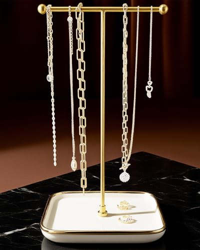 VROOMIUM Necklace Holder- Ceramic Base 1ft Height Jewelry Organizer Stand, Aesthetic Jewelry Hanger Display for Necklaces, Bracelets, Rings, Exhibidor de Collares-Classic White - Image 1
