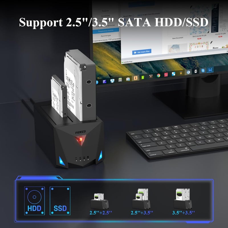 FIDECO Hard Drive Docking Station for 2.5 and 3.5 Inch SATA I/II/III HDD or SSD - Dual Bay With USB 3.0, USB A to C and C to C Cables - Supports Offline Clone - Image 5