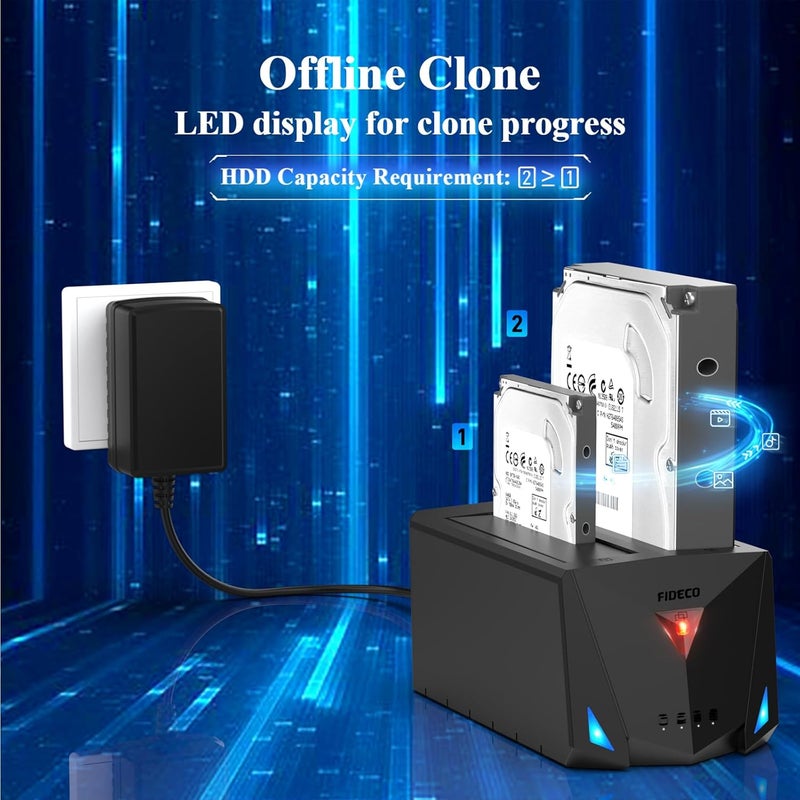 FIDECO Hard Drive Docking Station for 2.5 and 3.5 Inch SATA I/II/III HDD or SSD - Dual Bay With USB 3.0, USB A to C and C to C Cables - Supports Offline Clone - Image 3