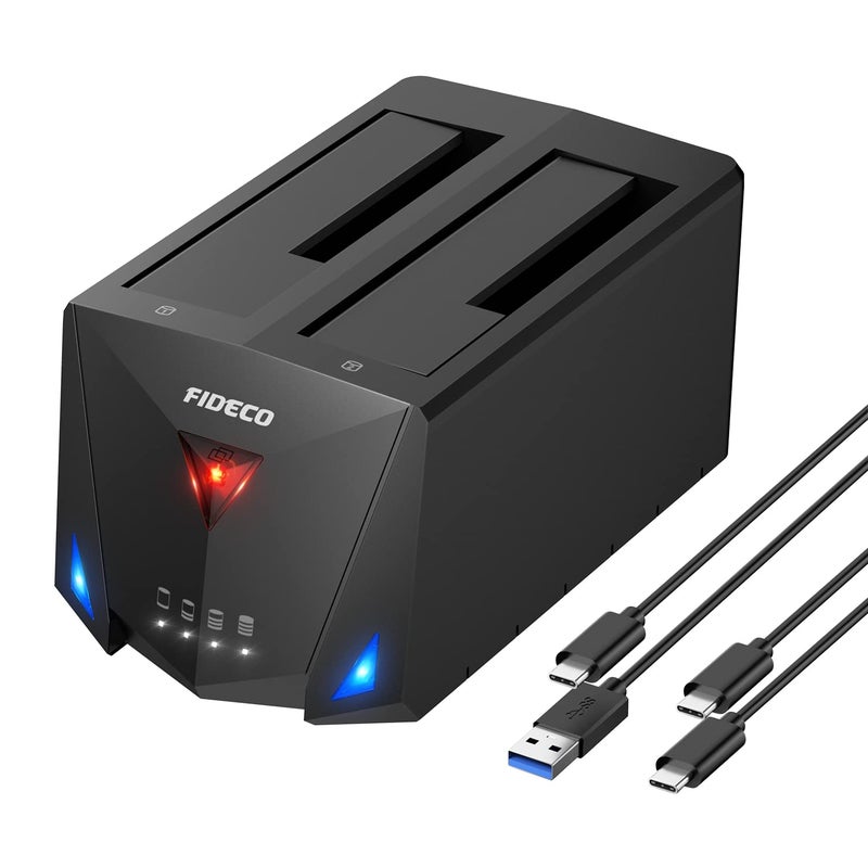 FIDECO Hard Drive Docking Station for 2.5 and 3.5 Inch SATA I/II/III HDD or SSD - Dual Bay With USB 3.0, USB A to C and C to C Cables - Supports Offline Clone - Image 1