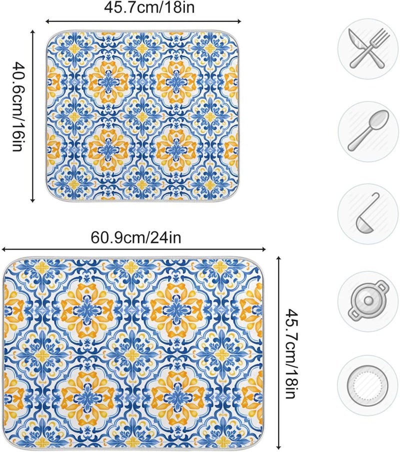 senya Boho Dish Mat for Kitchen Counter, Blue Yellow Moroccan Print Drying Pad Absorbent Dishes Drainer Mats Trivet 18 x 24 Inch - Image 2