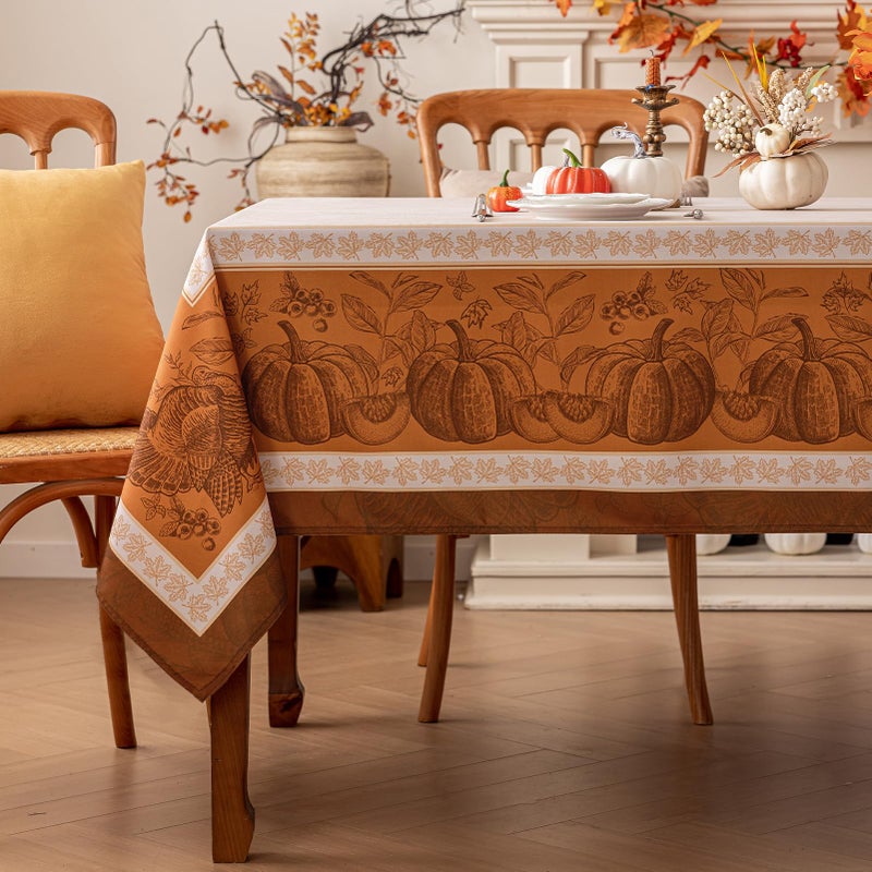 Romanstile Fall Rectangle Tablecloth 60 x 84 Inch, Thanksgiving Autumn Harvest Pumpkin Table Cloth, Stain Resistant Washable Table Cover for Dining, Party, Holiday Decor - Orange and Beige - Image 1