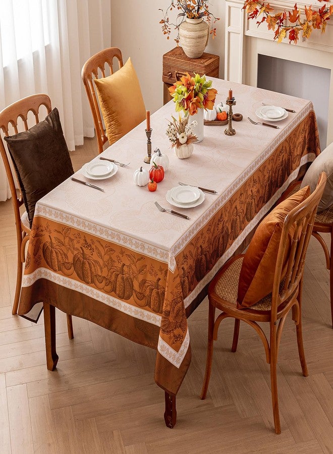 Romanstile Fall Rectangle Tablecloth 60 x 84 Inch, Thanksgiving Autumn Harvest Pumpkin Table Cloth, Stain Resistant Washable Table Cover for Dining, Party, Holiday Decor - Orange and Beige - Image 2