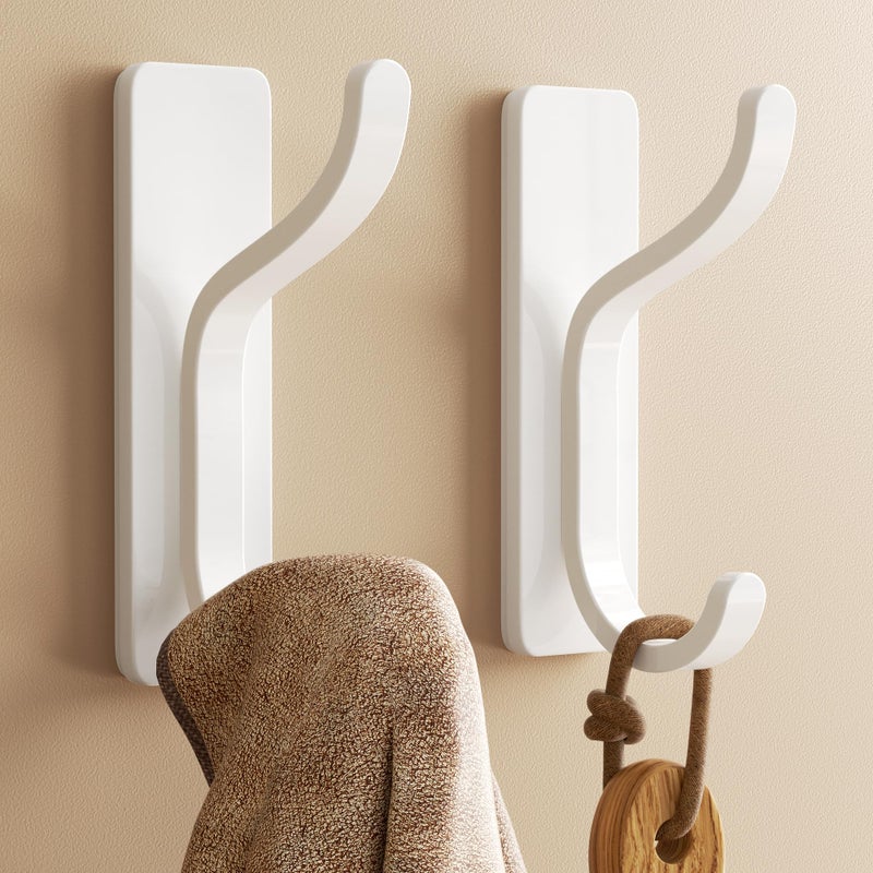 pickpiff Adhesive Wall Coat Hooks - Heavy Duty Stick-On Door Hanger, Metal Hook for Hanging Towel,Purse, Robe, Backpack, Jacket, Clothes - for Bathroom,Dorm, Closet, Kitchen - White, 2 Pack - Image 1