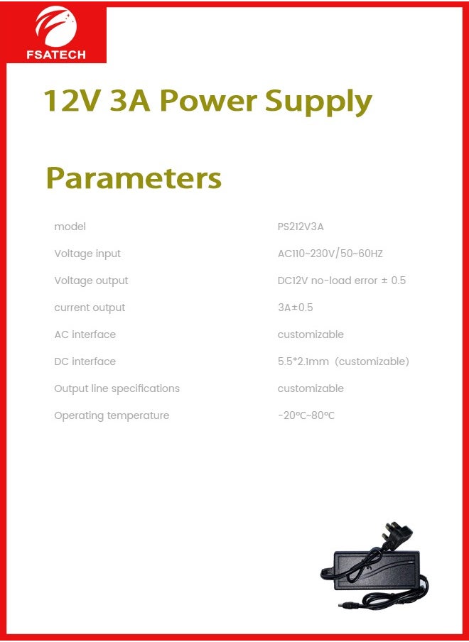 FSATECH 12V 3A 36W AC إلى DC محول محول التيار الكهربائي AC 100V ~ 240V إلى DC 12V 3amp محول مع 5.5x2.1mm DC مخرج جاك لـ 5050 3528 LED قطاع وحدة الضوء، نظام كاميرا CCTV، جهاز التوجيه  - Image 4