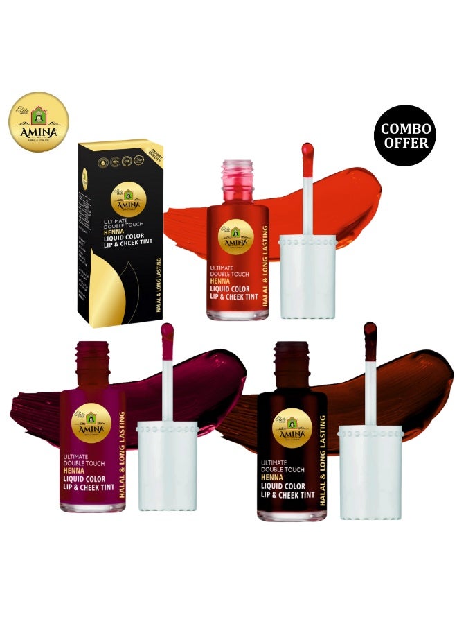 Amina Ultimate Double Touch Combo Of Maroon, Brown, Cherry Red First Ever Henna / Mehendi Base Liquid Lip & Cheek Long Lasting Tint (Pack Of 3) - Image 1