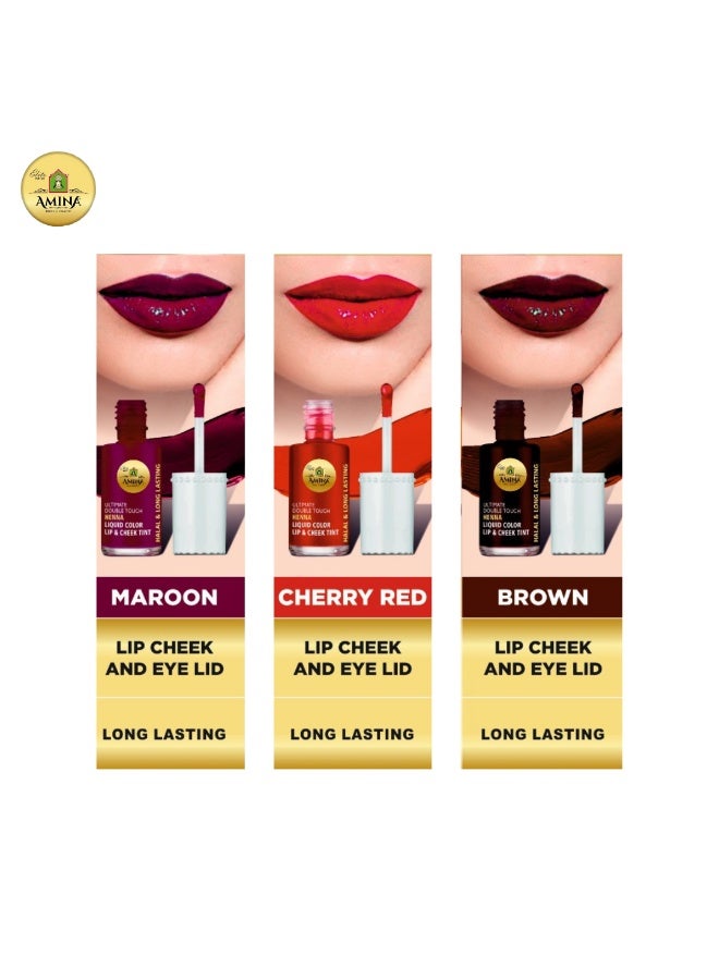 Amina Ultimate Double Touch Combo Of Maroon, Brown, Cherry Red First Ever Henna / Mehendi Base Liquid Lip & Cheek Long Lasting Tint (Pack Of 3) - Image 2