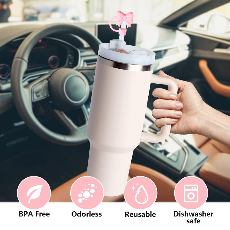 linmaya 6PCS Bow Straw Toppers, Cute Straws Covers for Stanley 30&40 Oz Tumbler with Handle, 10mm Dust-Proof Drinking Straw Dispensers Straw Topper Cap for Girls Kids (Black Bow) - Image 4